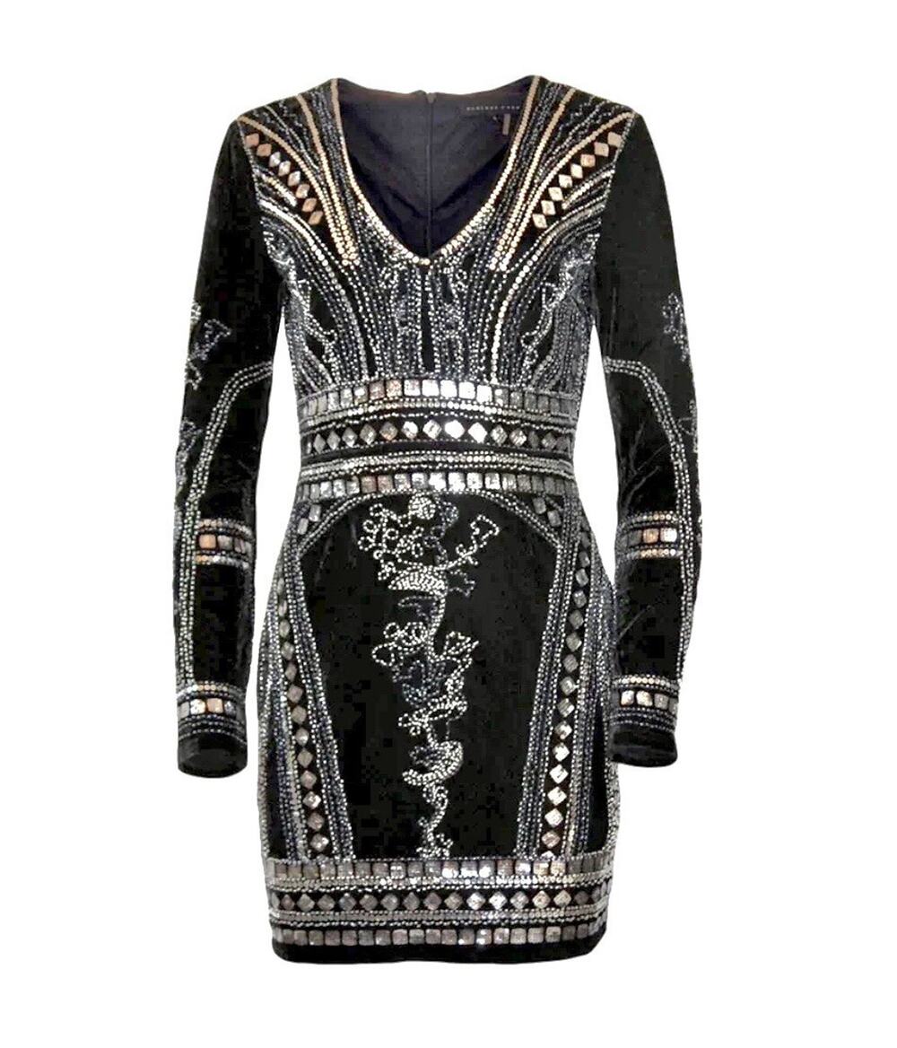 Endless Rose Dress Sz M Long sleeve Black Velvet Bodycon V Neck Silver Sequin